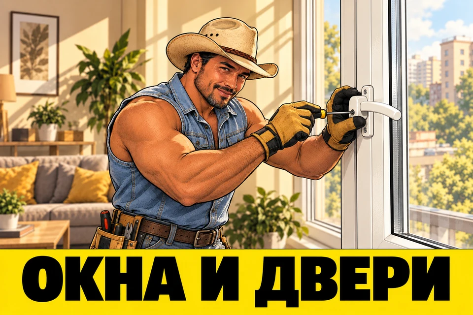 Окна и двери: иллюстрация мастера-ковбоя в стиле комикса